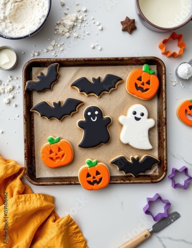 a top down photo of halloween cookies shaped like bats, ghosts, and pumpkins on a baking tray, with flour and cookie cutters scattered around a kitchen counter.