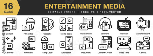 Entertainment Media icon set. Editable Stroke Icon Collection. Includes entertainment, media, technology, video, digital, and More. Outline icons vector collection.