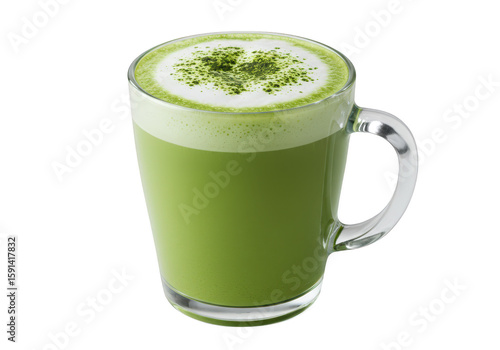 A steaming mug of green matcha latte with frothy foam and a dusting of green powder, isolated on a transparent background