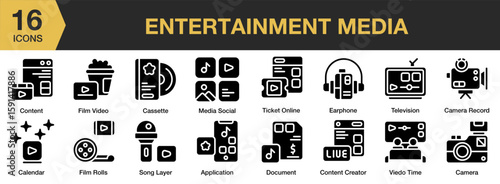 Entertainment Media solid icon set. Includes movie, multimedia, television, content, cinema, and More. Solid icons vector collection.