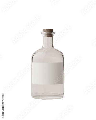 Clear glass bottle with blank label on white background