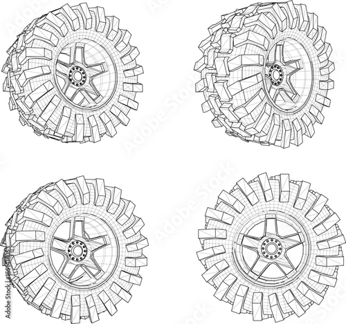 Vector sketch illustration of offroad adventure vehicle tire design for walking in the forest
