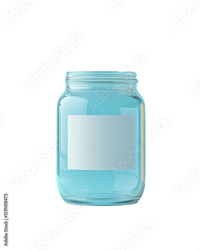 Clear glass jar filled with blue liquid on white background