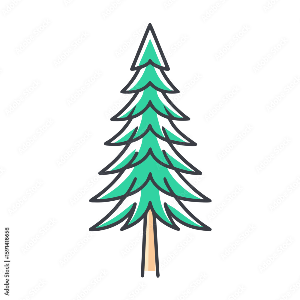 Obraz premium Stylized green pine tree with brown trunk isolated on white background