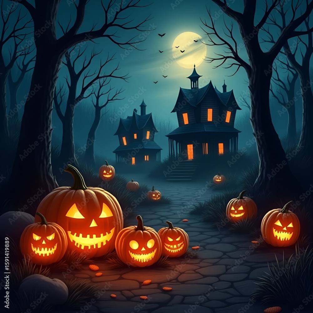 Fototapeta premium Spooky Halloween night in a haunted forest with glowing jack-o'-lanterns, eerie full moon, and abandoned houses, while creepy carved pumpkins light the cobblestone path.