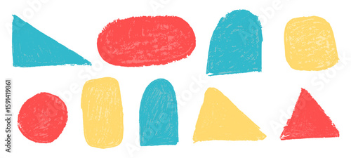 Cute text box crayon. Doodle brush drawn shape with rough childish border. Sticker tag and label paint element with chalk edge for speech bubble. Organic handdrawn note for school in red and blue.