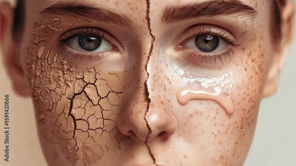 Semi Rotted Face A woman's face is split in half, with one side showing dry, cracked ...