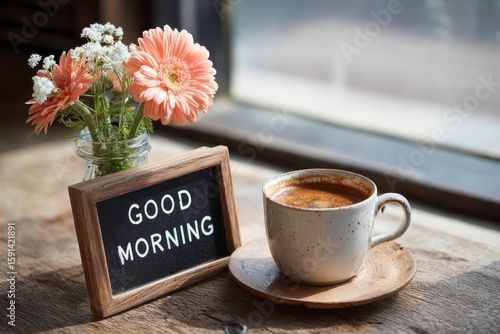 Good Morning Coffee, Flowers, and Soft Light on Wooden Table