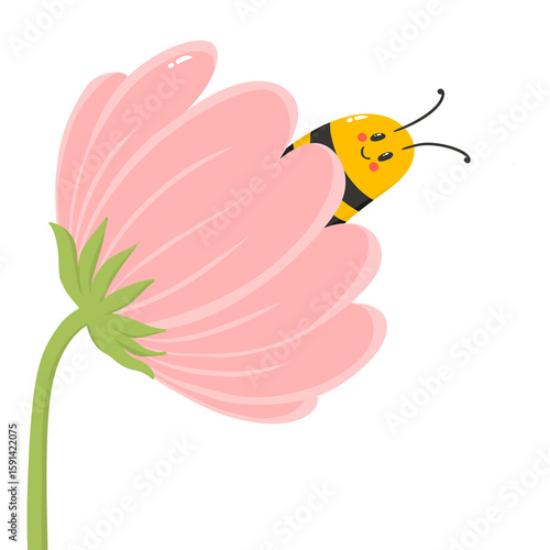 Cute Cartoon Style Bee on Pink Flower Spring Blossom Graphic Illustration