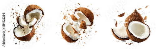 Set of coconuts broken into chunks showing fibrous textures and rough surfaces isolated on a white or transparent background