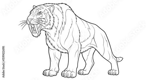 Mighty Powerful Saber-Toothed Tiger Prehistoric Beast Coloring Page for Adult Paleontology