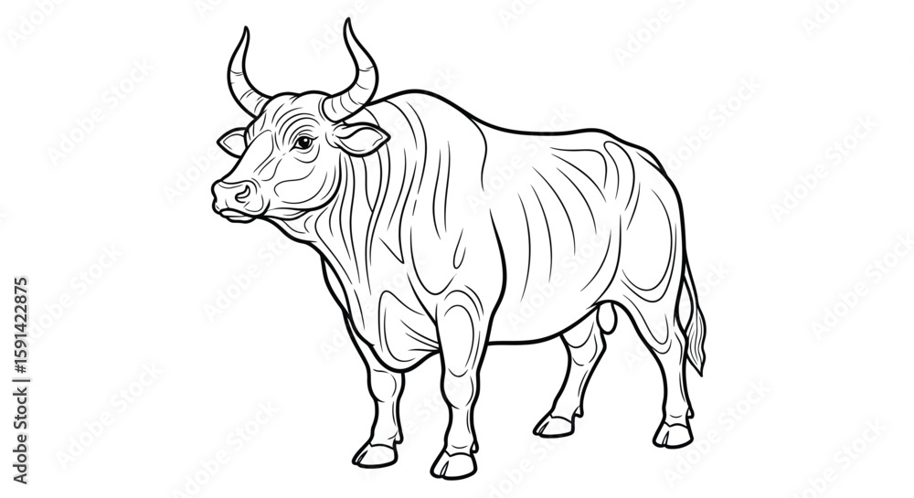 Obraz premium Serene Quiet Asian Ox Standing Majestic Coloring Page for Adult Farm Animal Enthusiasts