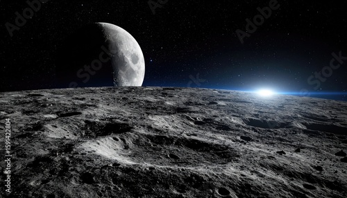 Moon surface with crescent moon and sunrise