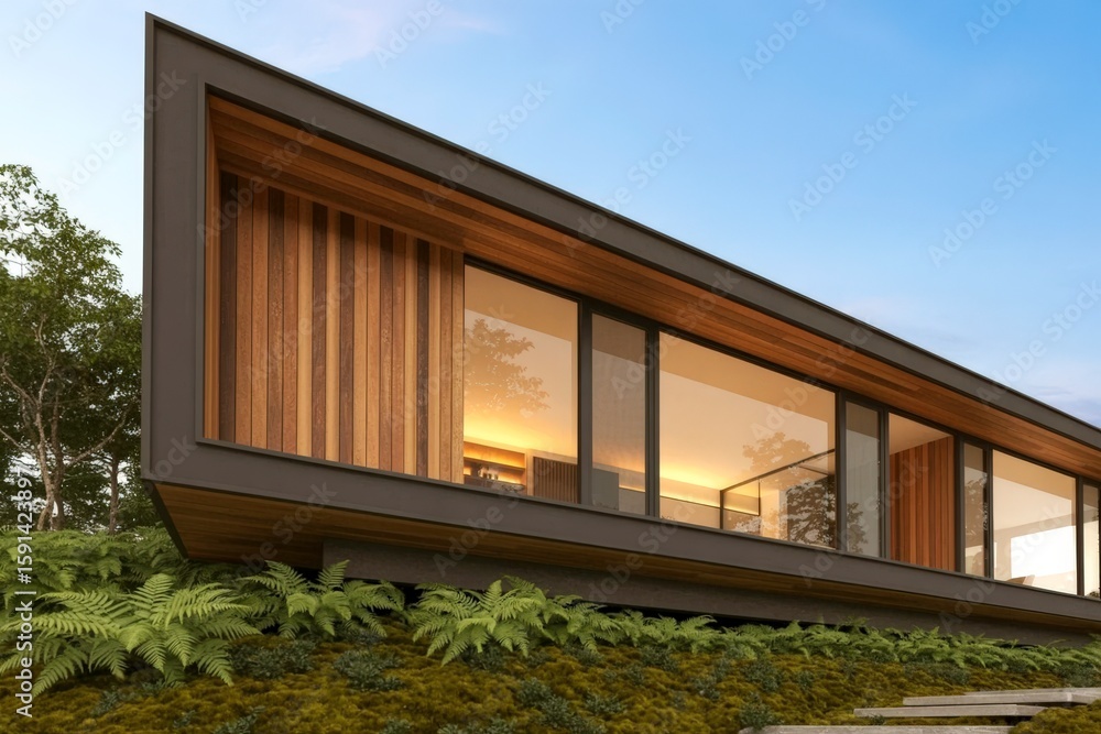 Fototapeta premium Modern Wooden House with Glass Walls Surrounded by Lush Greenery