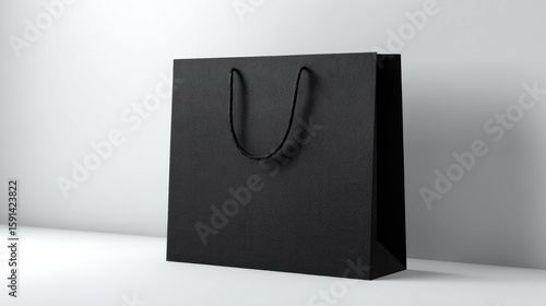 Wallpaper Mural A sleek, black paper shopping bag with black twisted rope handles sits on a white surface against a white background Torontodigital.ca