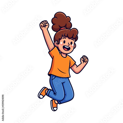Joyful cartoon girl jumping for joy. Happy young woman celebrating success and victory. Excited female character cheering with fist up. Cheerful kid mascot vector illustration isolated.