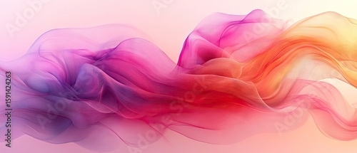 A gradient of purple, pink, and orange creates a wave of smoke or cloth-like abstract design