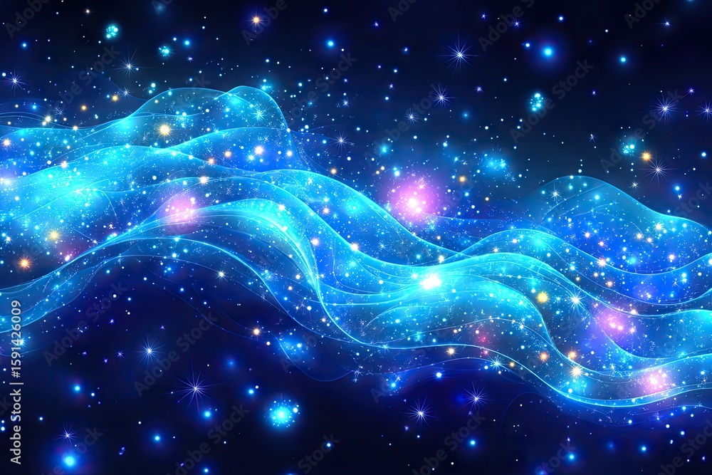 Fototapeta premium A celestial blue wave glows brightly, surrounded by sparkling stars in the dark night sky
