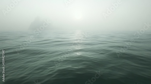 A misty seascape with calm water.  Sunlight shines through the fog over the water