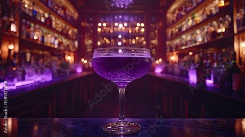 Elegant purple drink rests on a bar with soft lighting and a blurred bottle backdrop
