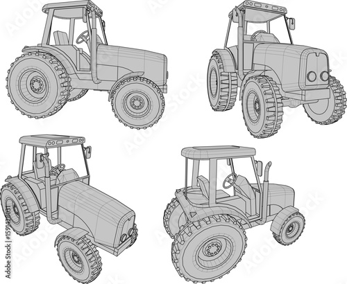 Vector sketch illustration of a tractor vehicle design for cultivating agricultural land and fields