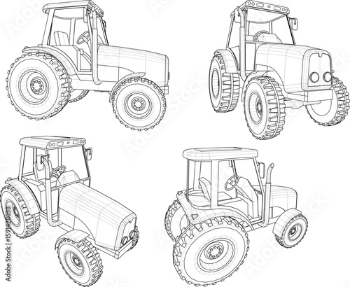 Vector sketch illustration of a tractor vehicle design for cultivating agricultural land and fields 
