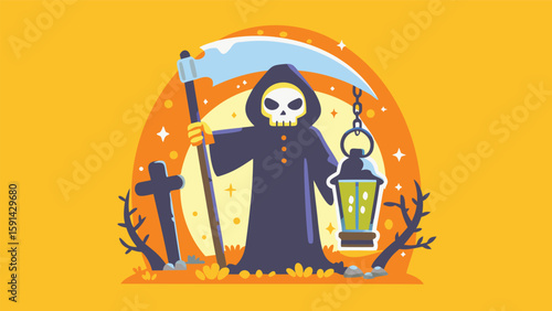Cartoon grim reaper with scythe and lantern in a graveyard on an orange background design style