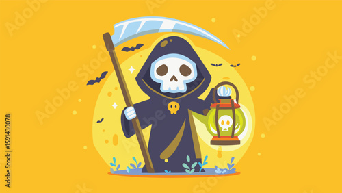 Cartoon grim reaper with scythe and lantern on an orange background with bats and sparkles around 100