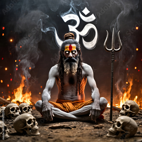 Aghori Sadhu Meditating Amidst Fire and Skulls – Trident and Om Symbol Behind.
A powerful digital artwork portraying an Aghori Sadhu in deep meditation surrounded by fire, skulls, and spiritual smoke.