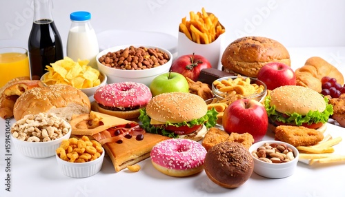 Assorted unhealthy foods spread on white surface