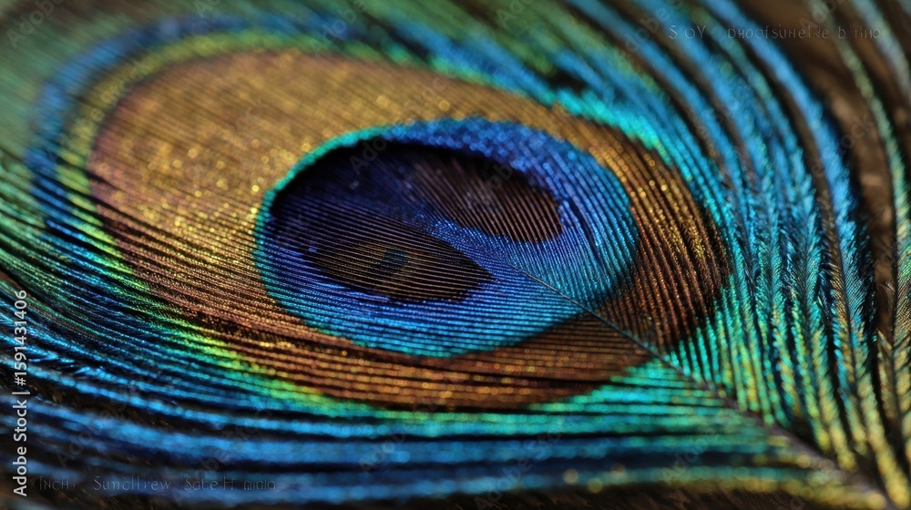 Naklejka premium Peacock feather close-up: A captivating macro shot of a peacock feather unveils intricate patterns and radiant colors, reflecting the beauty of nature's design.