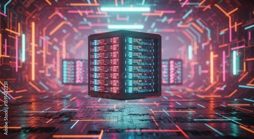 Floating server cubes in neon environment