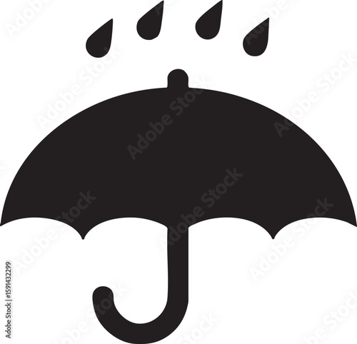 Black silhouette icon of an open umbrella protecting from falling raindrops symbolizing weather protection and waterproof materials