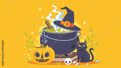 A halloween scene with a cauldron, witch hat, pumpkin, black cat and skull on an orange background