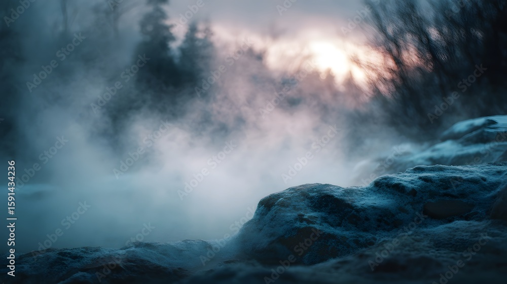 Obraz premium Misty steam rising from a hot spring on a cold morning