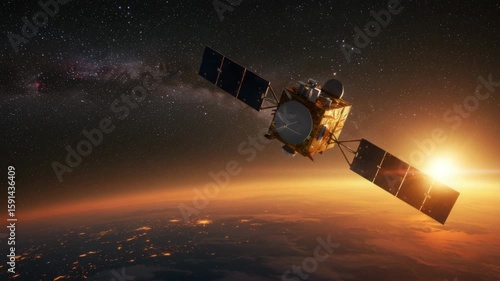 Space satellite orbiting earth with sun reflecting off panels