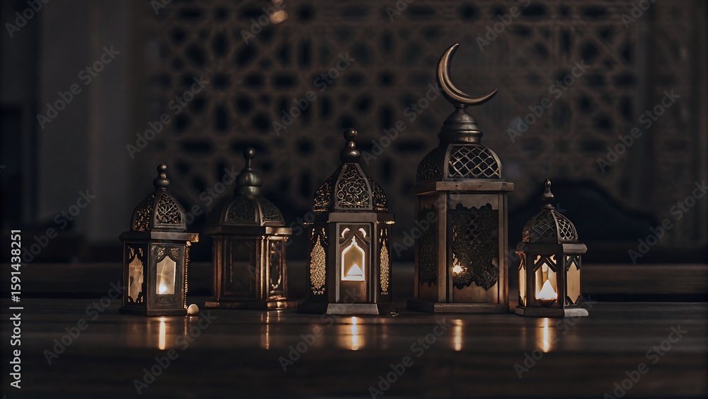 Obraz premium Golden lanterns glow, radiating a warm light during the Ramadan celebration in front of an Islamic patterned screen.