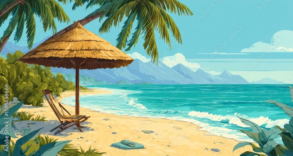 Naklejka premium Pixel Art Tropical Beach Scene Sunny Day, Thatched Umbrella, Lounge Chair