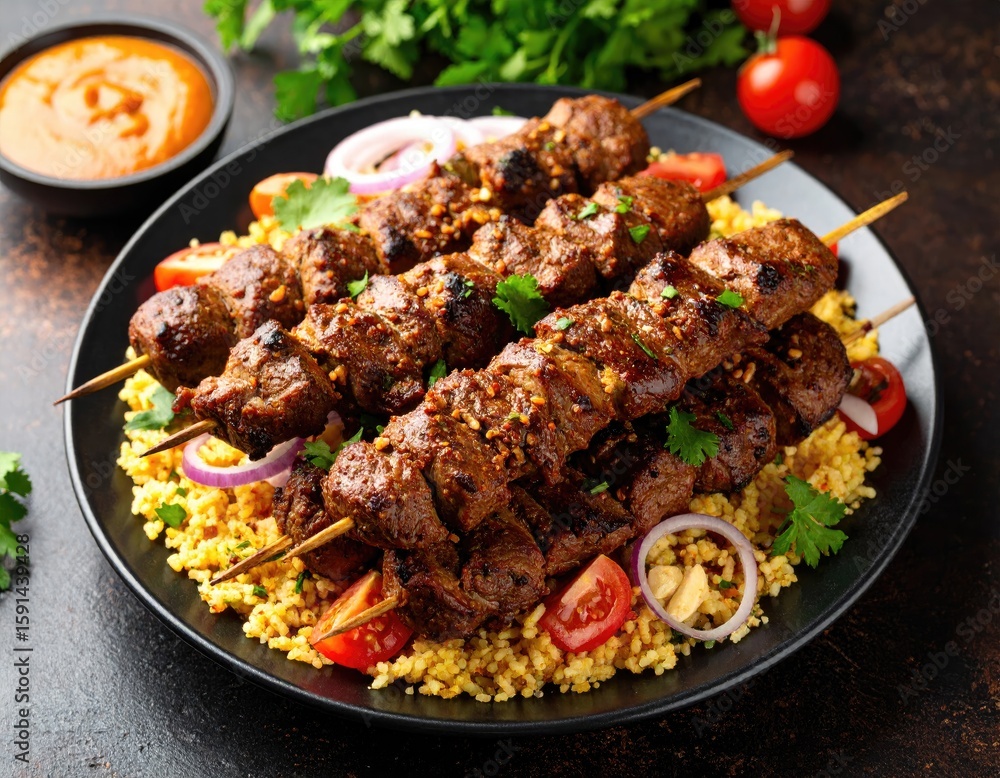 Delicious looking skewers of seasoned beef over a bed of rice with a side sauce Delicious looking skewers of seasoned beef over a bed of rice with a side sauce