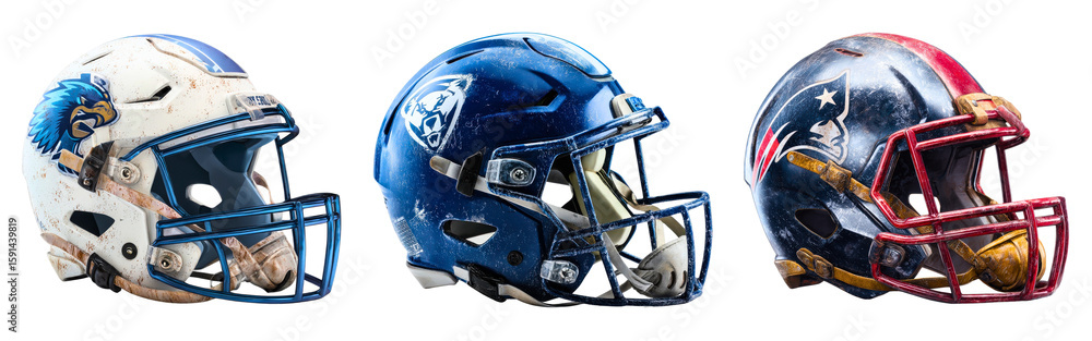 Fototapeta premium Collection of American football helmets featuring scuffed paint team branding and face protection isolated on a white or transparent background
