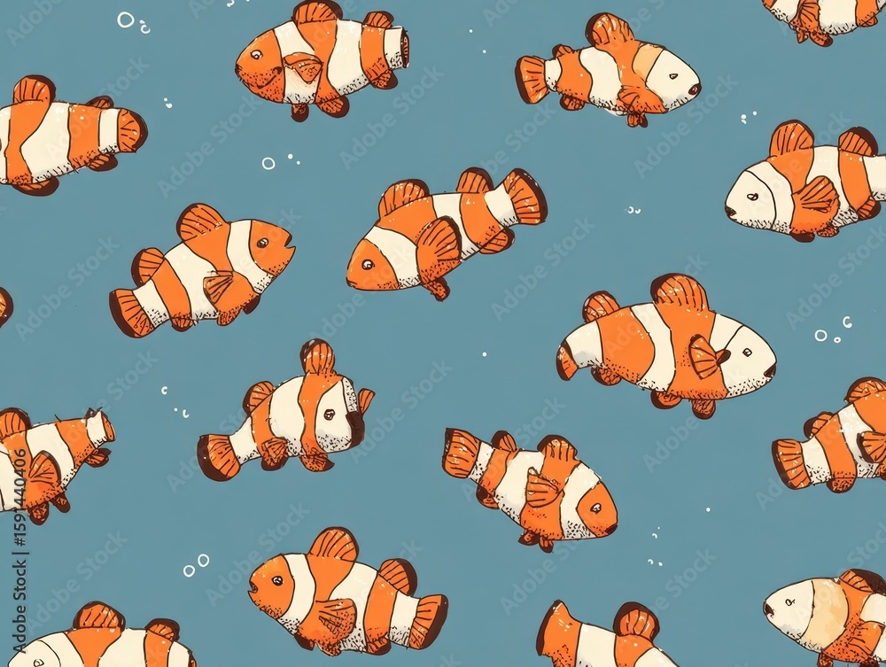 Fototapeta premium Playful Orange and White Clownfish Pixel Art in Serene Blue Water