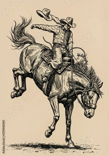 cowboy riding horse, A cowboy rides a bucking bronco in a rodeo