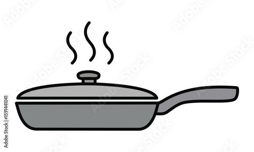 A simple grey cooking pan logo icon, with a lid and steam, ideal for illustrating cooking, kitchen, and food preparation themes