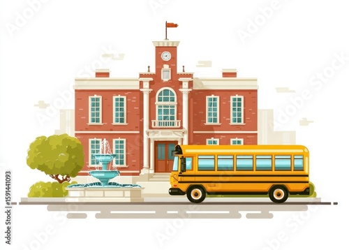 Red Brick School Building with Yellow Bus and Fountain