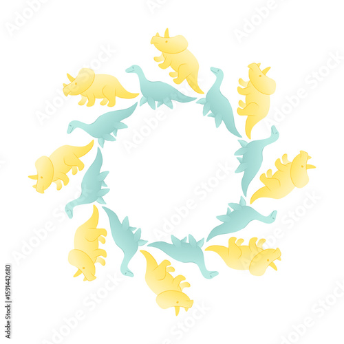 A circular arrangement of cartoon dinosaurs in pastel colors. The dinosaurs include yellow triceratops and blue sauropods, creating a playful and whimsical design. Vector illustration
