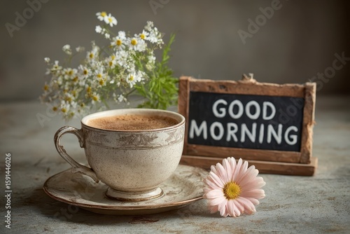 Serene Morning Coffee with Daisies and Good Morning Sign