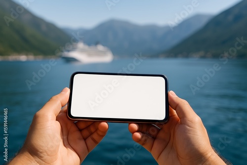Horizontal image of a smartphone in landscape orientation with blank screen held in front of a distant cruise ship across a calm bay. Background softly blurred, bright daylight, resembling Kotor Bay.	