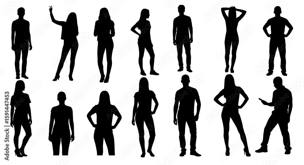 Obraz premium Silhouettes of diverse people in various poses on white background