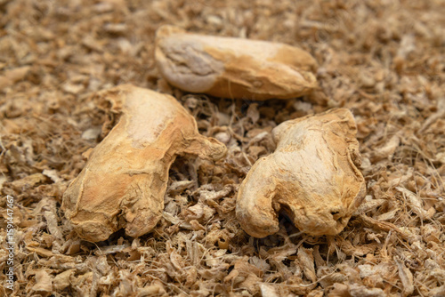 Whole and crushed dried ginger root, a versatile spice for cooking and health.
