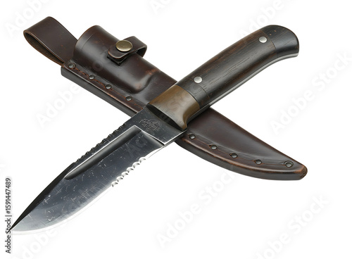 Hunting knife with leather sheath on a isolated on transparent background